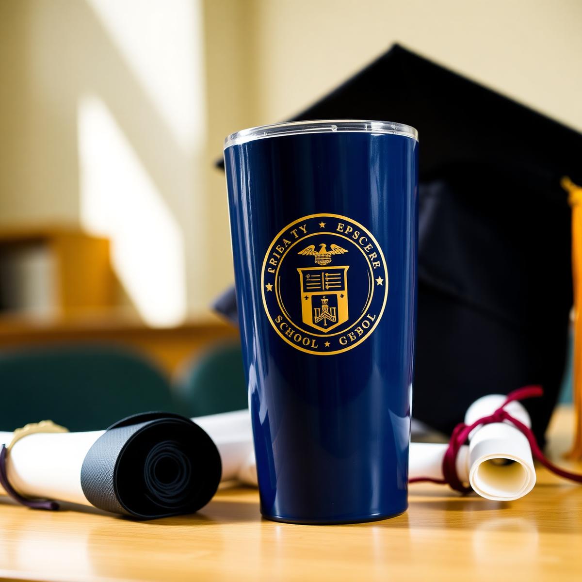 Engraved navy graduation tumbler with school crest